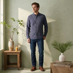 Scotch & Soda Mens L Amsterdams Blauw Blue Plaid Lightweight Flannel Shirt